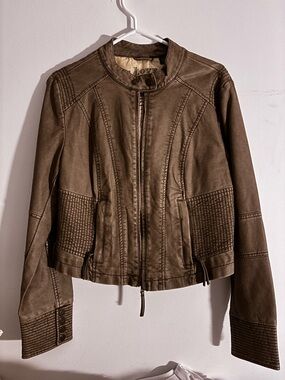 LOVE Olive Brown Faux-Leather Moto Jacket